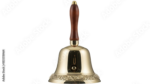 Shiny golden hand bell isolated PNG on transparent background, vintage musical instrument for Christmas celebration and festive events