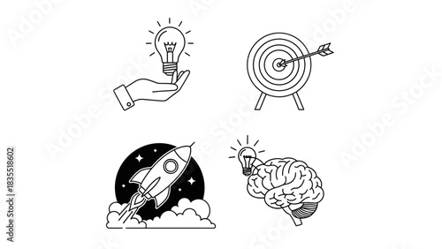 Innovation Icons Set Idea Generation, Target Achieved, Startup Launch
