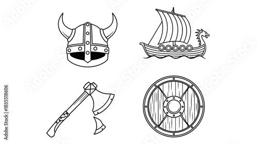 Set of Viking-related icons including helmet, longboat, axe, and shield, perfect for thematic designs