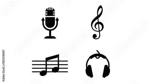 Collection of musical icons including a microphone, treble clef, musical notes, and headphones, representing audio and sound concepts