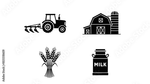 Agricultural Icons Set Tractor, Barn, Wheat, and Milk Can Design