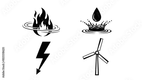 Set of four monochrome icons representing natural elements and energy sources fire, water, lightning, and wind turbine