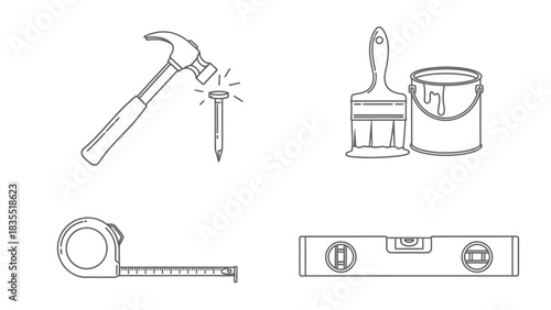 Construction Tools Outline Hammer, Nail, Paintbrush, Tape Measure & Level