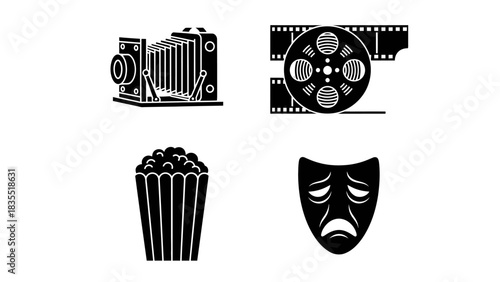 Film Production Icons Camera, Reel, Popcorn & Mask