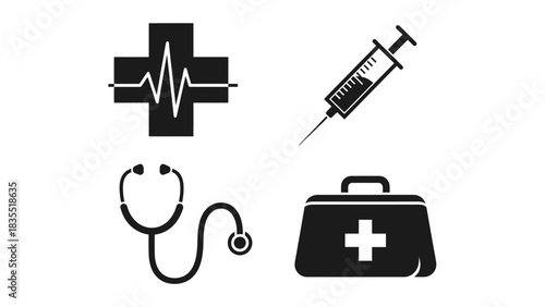 Healthcare Symbols Cross, Syringe, Stethoscope, and First Aid Kit in Black and White