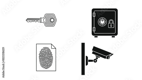 Security and protection icons including a key, fingerprint, safe, and surveillance camera for safety and privacy