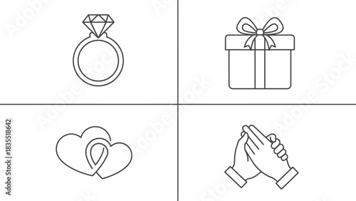 Love and commitment symbols illustrated as thin line icons, a set featuring a diamond ring, gift, intertwined hearts, and united hands for wedding or engagement