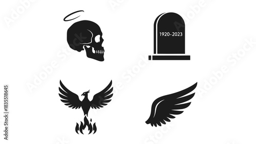 A collection of symbols representing death, resurrection, and afterlife in minimalist style