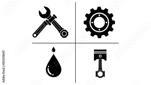 Set of monochrome glyph icons representing automotive repair and car service, featuring a wrench, gear, oil drop, and engine piston