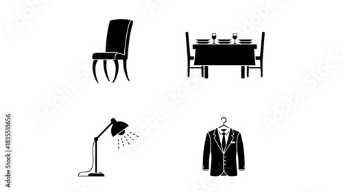 Collection of four modern icons representing home furnishings and attire, including a chair, dining table, desk lamp, and a suit on a hanger