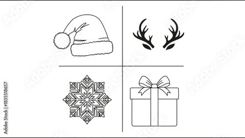 Set of four minimalist Christmas icons in a clean line art style. This collection includes a festive Santa hat, reindeer antlers, an intricate snowflake, and a gift box