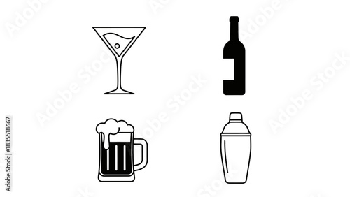 Collection of stylized icons representing drinks and bar tools martini glass, beer mug, bottle, and cocktail shaker