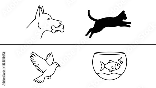 Set of four minimalist pet icons including a dog with a bone, a jumping cat silhouette, a flying dove, and a fish in a bowl