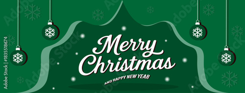 Christmas Green Background Banner with Hanging Ornaments and Snowflakes – Festive Holiday Greeting Illustration