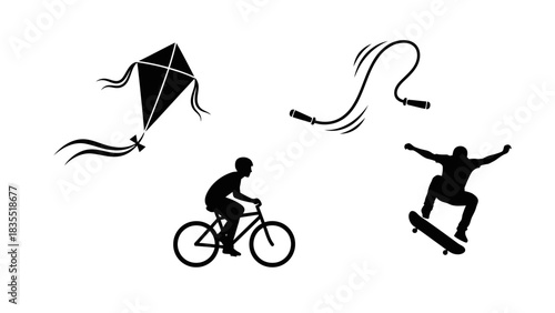 Set of engaging black vector silhouettes representing popular outdoor leisure activities kite flying, skipping rope, cycling, and skateboarding, perfect for design elements