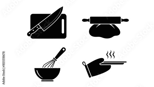 A set of four black culinary icons representing cooking and baking, including a knife, rolling pin, whisk, and oven mitt