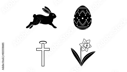 A set of four simple graphic icons for the Easter holiday, featuring a running bunny, a decorated egg, a Christian cross, and a spring daffodil flower