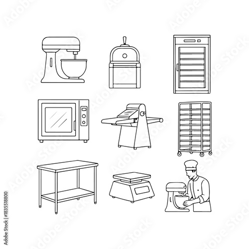 Line art illustrations of kitchen equipment and furniture