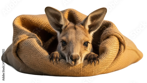 Adorable baby kangaroo joey in a burlap sack isolated PNG, cute animal portrait on transparent background