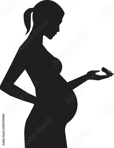 Pregnant Woman Silhouette Holding a Small Bird — Motherhood, Maternity Love, Expecting Mom and Pregnancy Concept Illustration