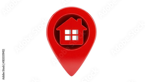 Red house icon in map pointer shape isolated PNG, real estate location symbol on transparent background for maps and navigation apps