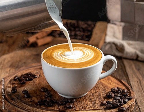 A cup of coffee with milk being poured creating a heart design