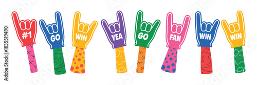 Baseball Fan Foam Finger Gestures Set. Cartoon Vector Illustration of Supporter Hands Cheering in Stadium with Fun Sports Accessories and Player Support Poses Concept