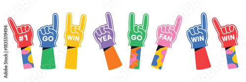 Baseball Fan Foam Finger Gestures Set. Cartoon Vector Illustration of Supporter Hands Cheering in Stadium with Fun Sports Accessories and Player Support Poses Concept