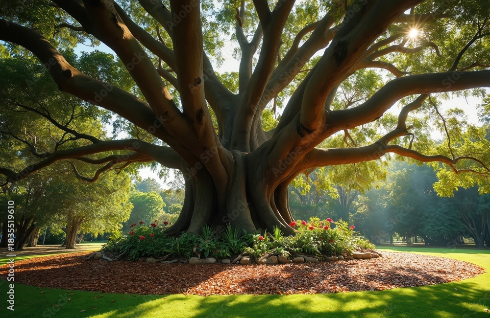 Fototapeta premium Massive Moreton Bay Fig tree in parkland. Thick branches spread wide creating shade over green lawn. Red flowers grow near large trunk and roots. Sunlight streams through green leaves.