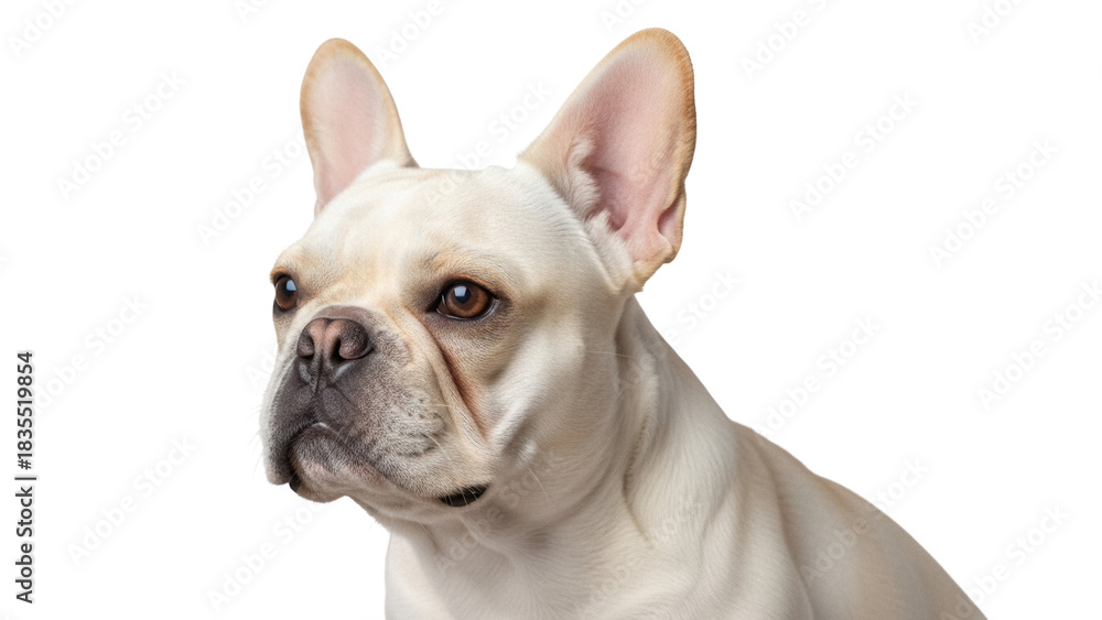 Fototapeta premium Cream French Bulldog headshot isolated PNG, adorable fawn-colored dog portrait on transparent background, cute pet photography for design projects