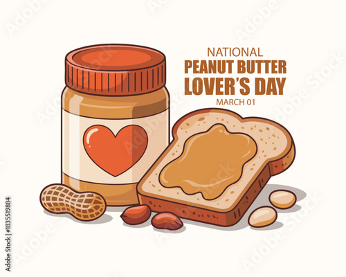 National Peanut Butter Lover's Day vector. Toasted bread with peanut butter icon. Peanut butter jar and spread bread vector. Peanut butter sandwich illustration. March 1. Important day