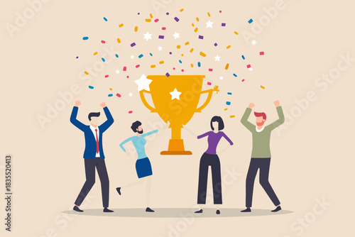 Team celebrating victory with trophy and confetti business success illustration