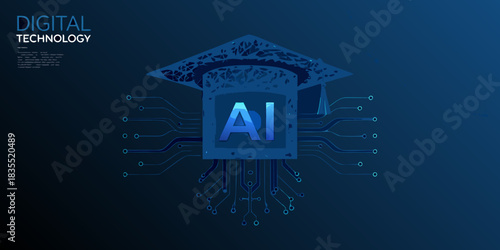 Artificial intelligence graduation cap with circuit board on dark blue background