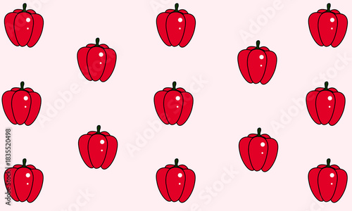 A seamless pattern with red bell peppers on a light pink background. The image captures a modern and minimalist design