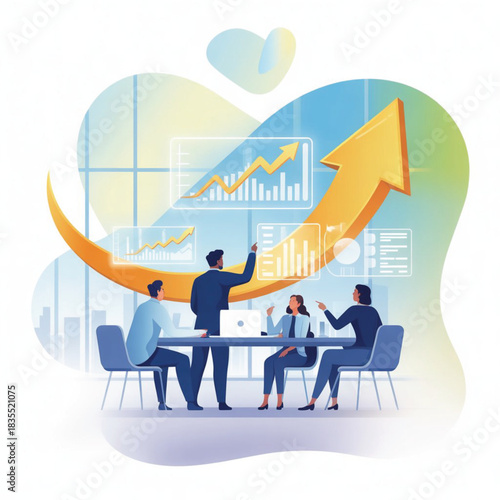 Business team analyzing growth chart and discussing strategy around a table