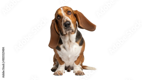 Adorable basset hound dog sitting isolated PNG, cute puppy with long ears and sad eyes for pet lovers and animal themed designs
