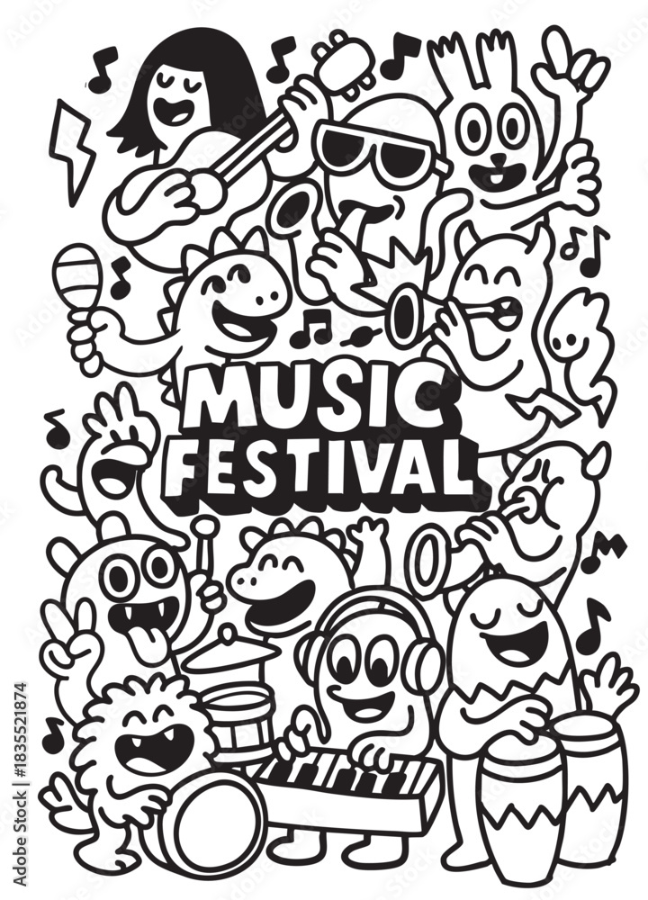 Fototapeta premium Music festival cartoon character, joyful band, musical instrument, singing, dancing, celebration