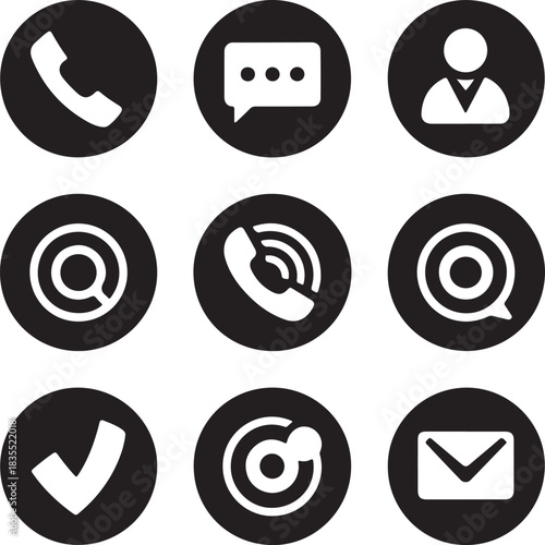 Set of nine black circular icons for communication and contact methods
