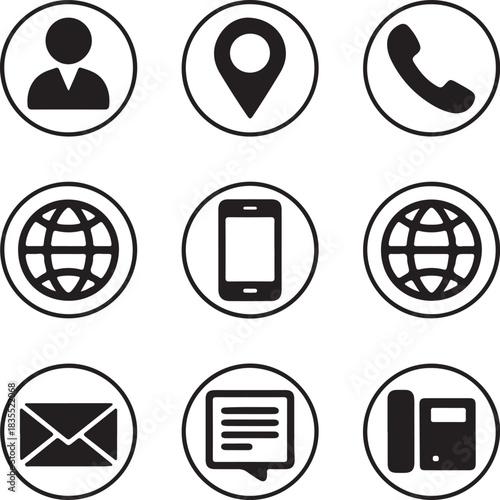Nine black and white communication and contact icons in circles