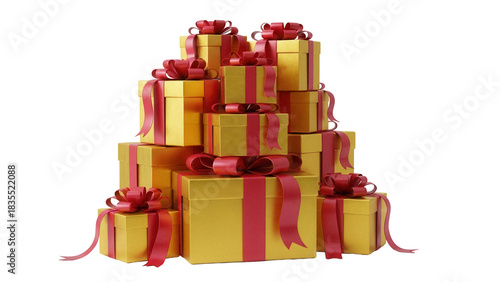 Stack of golden gift boxes with red ribbons isolated PNG, presents for Christmas, birthday or other holidays on transparent background