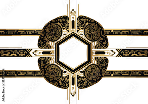 Luxurious black and gold Art Deco vector frame with intricate geometric patterns elegant swirls and a central hexagonal border for vintage design and invitations