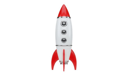 Retro rocket ship PNG isolated on transparent background, vintage space shuttle with red fins and silver details, toy for kids