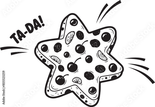 Black and white hand drawn star shaped pizza with cherries and citrus slices and ta da text food drawing