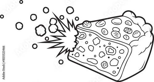 Black and white line art illustration of a slice of pizza with toppings and a comic book style explosion effect