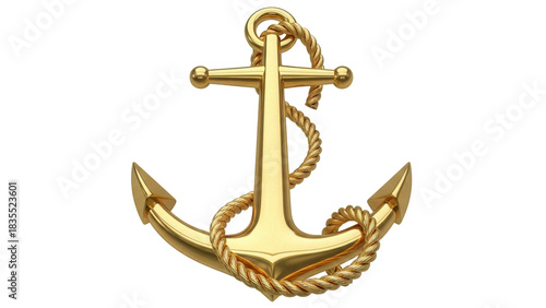 Golden anchor with rope PNG isolated on transparent background, nautical symbol for maritime and seafaring themes