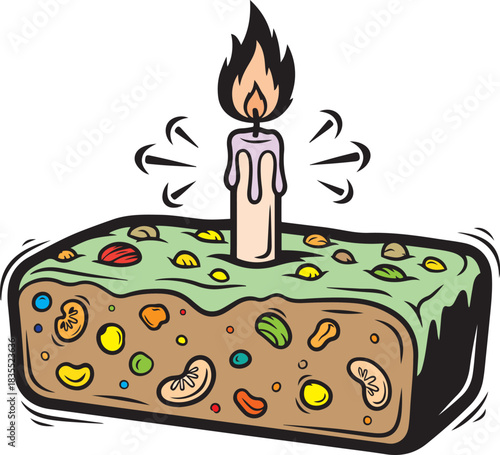 Cartoon slice of fruitcake with a lit candle and colorful fruit pieces vector