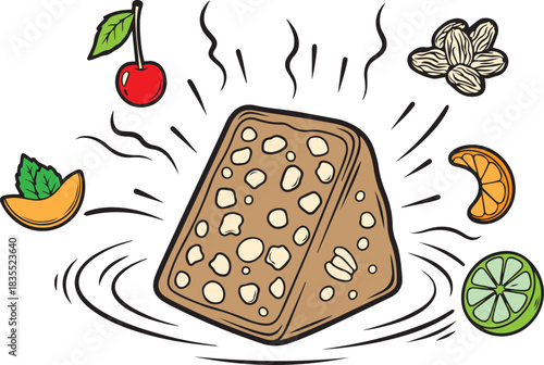Cartoon slice of bread with nuts cherry orange and lime slices surrounding it almonds