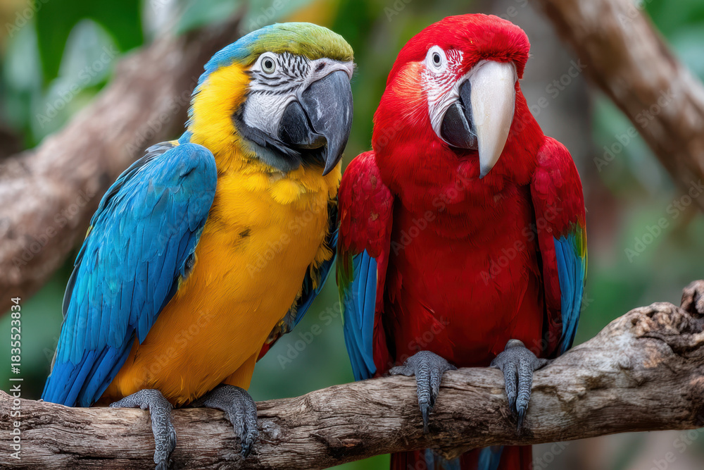 Naklejka premium Two Colorful Macaws Perched on a Branch