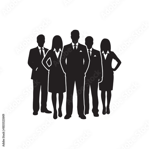 Black silhouette of five business people standing together group team vector