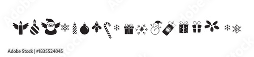 Set of black silhouette vector icons for winter holidays, new year celebration symbols and decor elements